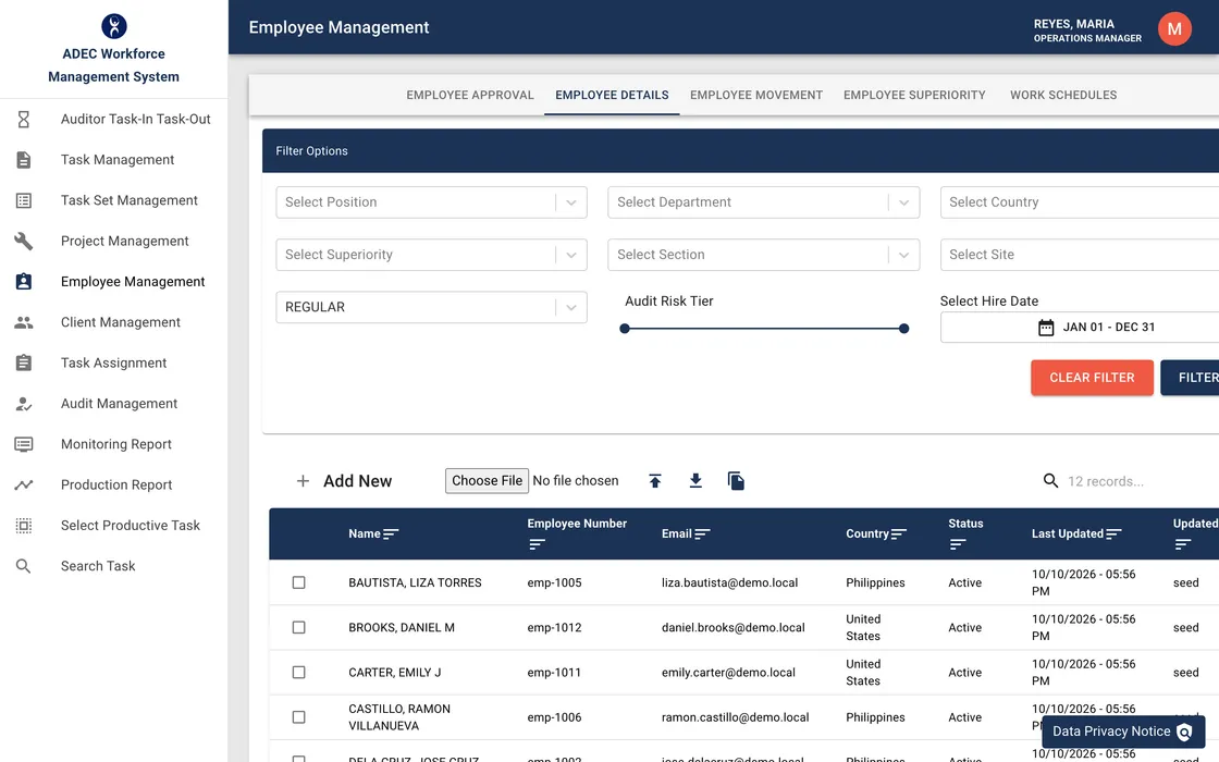 ADEC Workforce employee-details screen with seeded demo data