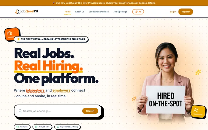 JobQuest.ph public homepage: Real Jobs. Real Hiring. One platform.
