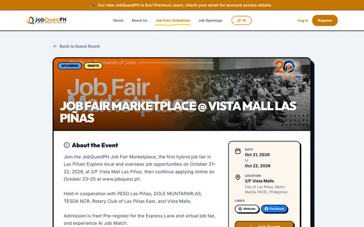 A public JobQuest.ph job-fair page with the event details